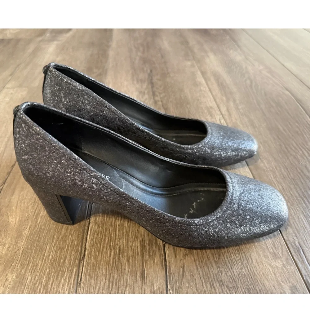 Donald Pliner Womens Silver Metallic Glitter Square Toe Block Heel‎ Pumps 7.5M